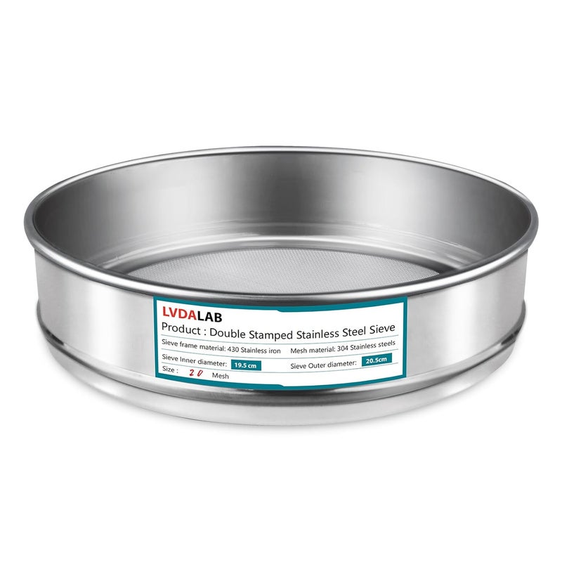 LVDALAB 304 Stainless Steel Mesh Lab Sieve, 20 Mesh (0.9mm) Aperture Test Sieve, 7.9Inch(20cm) Diameter Economy Standard Analysis Sample Test Sieves for Industrial Laboratory Homes - Image 1